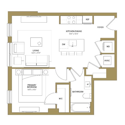 A floor plan of a house with a living room, kitchen, dining room, and bathroom.